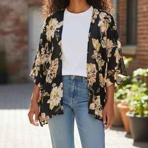 O’Neill‎ Floral Kimono Cardigan XS/S | Black Boho Open Front Lightweight Top